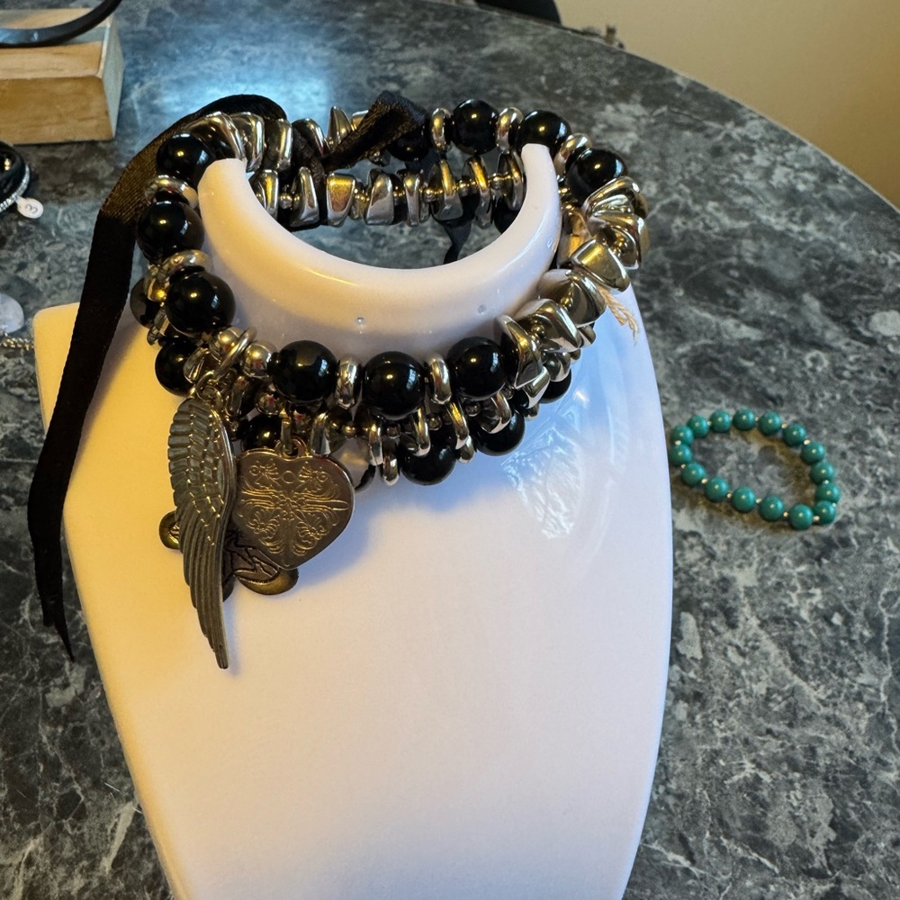 Black Beaded Charm Bracelets (3) with Wing and Heart Charms